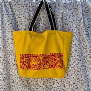Handcrafted Yellow Tote Bag with Red Pattern